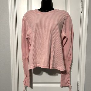 Free People One Pink Tasha Thermal Waffle Knit Top Size M lace up sleeves
